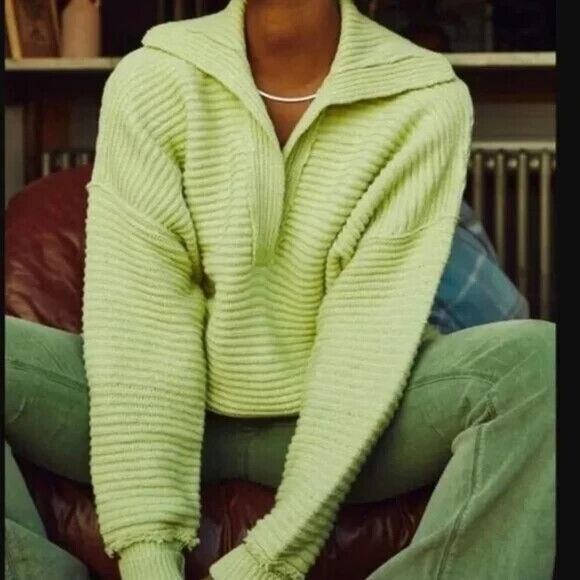 Free People Marlie Slouchy Oversized Sweater Ribbed V-Neck Lime Green Size Large - Picture 16 of 16